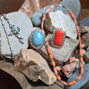 Western Faux Turquoise And Coral Jewelry Set